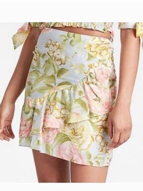 Express Floral Ruffle Mini Skirt in Pastel Pink & Green